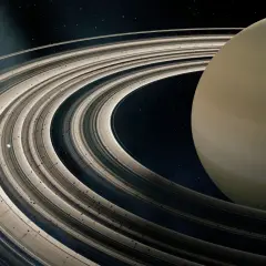 Majestatyczne pierścienie Saturna otaczają planetę, tworząc spektakularny widok. W oddali widać mały księżyc.