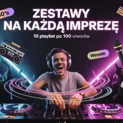 DJ miksuje najlepszą muzykę elektroniczną na imprezę. W tle tańczący ludzie i neony.