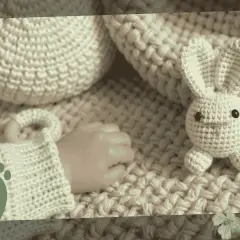 Crocheted bunny and baby's hand on a knitted blanket with baby footprints.