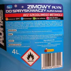 Zimowy płyn do spryskiwaczy Aura Nano bez metanolu. Jego skład to nanotechnologia ułatwiająca czyszczenie szyb. Pojemność 4L.