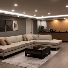 Sofá seccional beige frente a una barra de cocina. Una regleta focos techo ilumina la estancia, creando un ambiente acogedor.