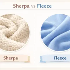 Close-up of sherpa fleece vs. smooth fleece. Is sherpa fleece vegan? This image shows the textures of both, with sherpa on the left and fleece on the right.
