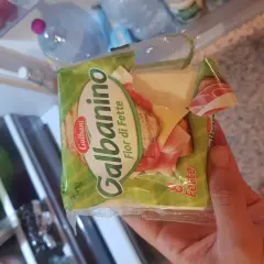 Una mano tiene una confezione di Galbanino Fior di Fette, con prosciutto e formaggio visibili. Perfetto per uno spuntino in gravidanza.