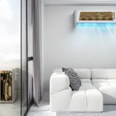 Unidad exterior de aire acondicionado con compresor visible. ¿Cuánto pesa un compresor de aire acondicionado? La unidad interior emite aire frío.