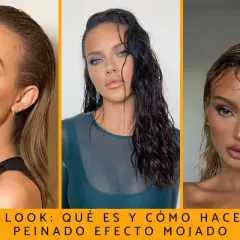 Tres modelos lucen peinados con pelo efecto mojado, un look moderno y sofisticado.