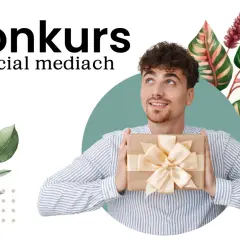 Uśmiechnięty mężczyzna z prezentem w rękach, zapraszający do udziału w konkursie na Instagramie.