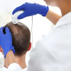 Lekarz w niebieskich rękawiczkach bada skórę głowy pacjenta, szukając przyczyn nadmiernego wypadania włosów i chorób z nim związanych.