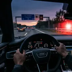 Fahrt auf der Autobahn bei Dämmerung, Hände am Lenkrad eines Audi. Verkehrsschilder zeigen Richtung Dresden/Chemnitz. 132 bkat.