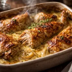 Morceaux de lapin à la moutarde, dorés et tendres, mijotant dans une sauce crémeuse et fumante, ornés de brins de thym frais.