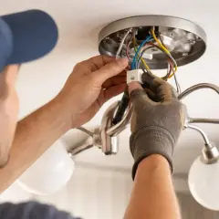 Instrukcja montażu lampy sufitowej: elektryk łączy przewody w kostce.