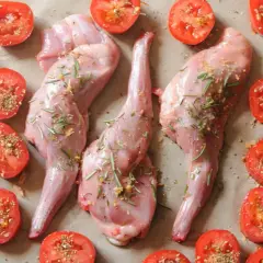 Trois gigolettes de lapin crues, assaisonnées d'herbes et d'ail, sont disposées avec des tomates coupées en deux, prêtes à être cuisinées.