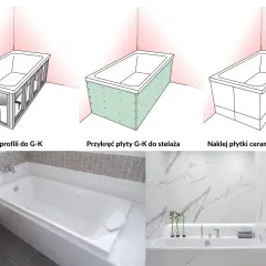 Jak obudować wannę: stelaż z profili, płyty G-K, a na końcu płytki ceramiczne. Gotowe łazienki z wannami.