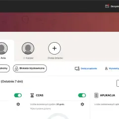 Panel kontroli rodzicielskiej Norton Rodzina. Zarządzaj czasem online dzieci, blokuj strony i aplikacje. Ustawienia dla Ani i Kacpra.