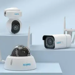 Różne modele kamer Reolink, w tym kamery obrotowe i stałopozycyjne, zapewniające monitoring bez prądu.