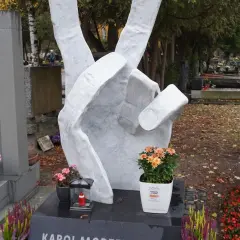 Monumentalna dłoń z symbolem pokoju na tle cmentarza. Wiele nagrobków tworzy ten zadumany zespół.