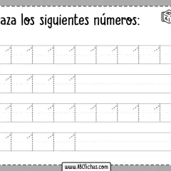 Hoja de caligrafía para practicar la escritura del número 1. Incluye líneas punteadas para trazar el número 1.
