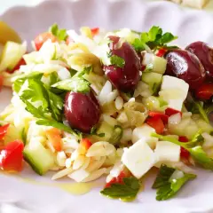 Ein erfrischender griechischer Orzo Salat mit Oliven, Feta, Gurken und Tomaten, garniert mit frischer Petersilie.