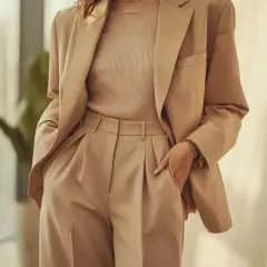 Elegancki beżowy garnitur w stylu business casual. Kobieta w marynarce i spodniach z wysokim stanem, gotowa na ważne spotkanie.