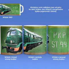 Kubek z motywem lokomotywy ST44 PKP Cargo. Widok z przodu, lewej i prawej strony.