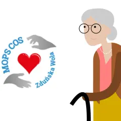 Grafika przedstawia starszą panią z laską i logo MOPS Zduńska Wola z sercem.