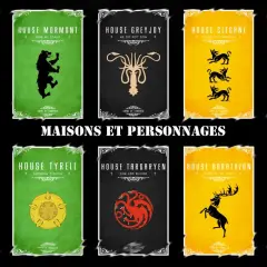 Affiches des maisons de Game of Thrones : Arryn, Mormont, Greyjoy, Clegane, Lannister, Stark, Tyrell, Targaryen, Baratheon, Tully.
