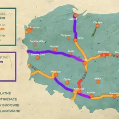 Mapa przedstawia autostrady w Polsce, pokazując odcinki płatne, istniejące, w budowie i planowane.