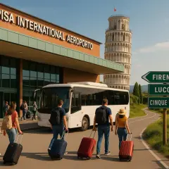 Ludzie z walizkami wychodzą z lotniska w Pizie. Znak drogowy wskazuje kierunek do Florencji, Lucca i Cinque Terre. To podpowiedź, jak dojechać z Pizy do Florencji.
