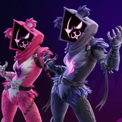 Dwie postacie z Fortnite: różowa i fioletowa, obie z maskami w kształcie głowy niedźwiedzia i neonowymi wzorami.