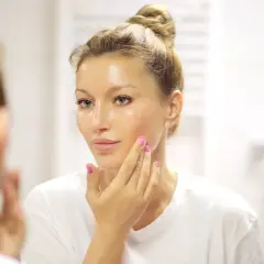 Donna si applica un prodotto sul viso, scoprendo i benefici dell'acido glicolico per una pelle luminosa e rinnovata.