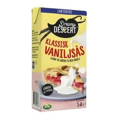 En kartong med Dreamy Dessert klassisk vaniljsås, gjord på grädde och äkta vanilj. Perfekt till pajen för en snabb och god egen vaniljsås.