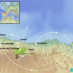 Reiseroute durch die Picos de Europa: Von Gijón über Covadonga und Potes bis Bilbao. Wandersymbole markieren den Weg.