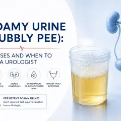 Pieniący się mocz w kubeczku, obok grafika układu moczowego. Informacje o przyczynach i kiedy zgłosić się do urologa.
