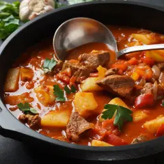 Gorący kociołek węgierski z wołowiną, ziemniakami i papryką, ozdobiony natką pietruszki. Łyżka nabiera porcję aromatycznego gulaszu.