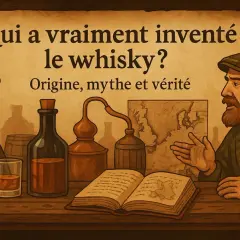Deux hommes discutent de l'origine du whisky, avec un alambic, une bouteille et un livre ouvert sur une carte.