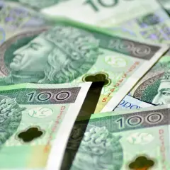 Stos stuzłotowych banknotów, symbolizujących zasiłek stały, tworzy zielono-fioletową mozaikę.