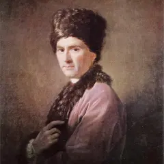 Portret Jeana-Jacques'a Rousseau w futrzanej czapie i różowej szacie, myślącego o swoich książkach.