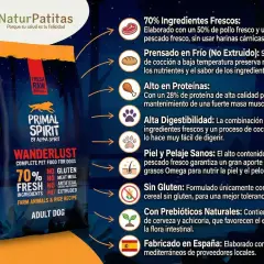 Alimento para perros Primal Spirit Wanderlust, con 70% de ingredientes frescos y proceso de cocción a baja temperatura (pienso prensado en frío) que conserva nutrientes.