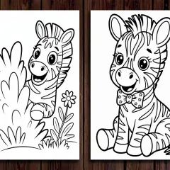 Dos adorables cebras para colorear, una escondida entre arbustos y otra con pajarita, listas para llenarse de color.