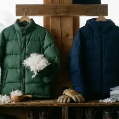 Zielona i granatowa puchowa kurtka na zimę, obok rękawiczki i czapki. Idealna jaka kurtka na zimę.