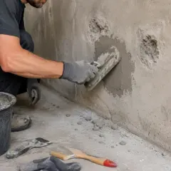 Rękawice i kielnia w akcji. Trwa naprawa betonu na zewnątrz, przywracając ścianie dawny wygląd.