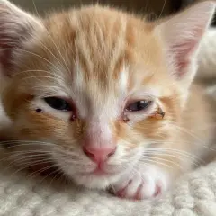 Gatito naranja con conjuntivitis, secreción ocular y costras. Busca información sobre conjuntivitis en gatos como curar.