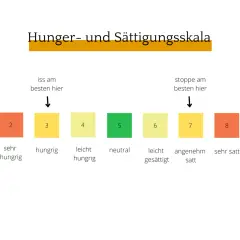Hunger- und Sättigungsskala von 1 (ausgehungert) bis 9 (viel zu voll). Ideal zum Abnehmen ohne Hungern: Iss bei 3, stoppe bei 7.