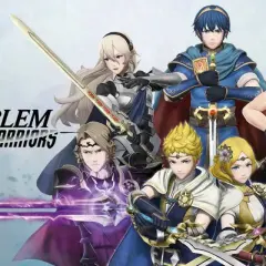 Postacie z gry Fire Emblem Warriors, w tym Corrin, Marth i Chrom, gotowi do walki.
