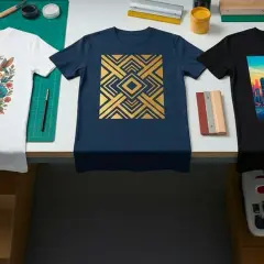 Trois t-shirts : un blanc avec des fleurs et des oiseaux, un bleu marine avec un motif géométrique doré, et un noir avec une ville colorée. Le processus de dtg printing est en cours.