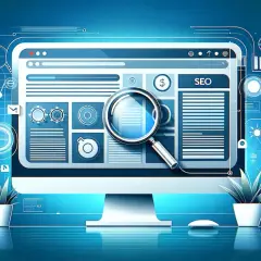 Strona wizytówka z lupą analizującą dane SEO i wykresy.