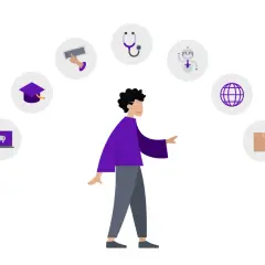 Person mit vielen Symbolen (Abschluss, Tastatur, Stethoskop, Roboter, Welt, Paket) – zeigt Möglichkeiten für jobs mit menschen quereinstieg.