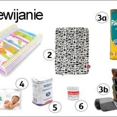 Kompletowanie wyprawki dla dziecka: przewijak, pieluchy, chusteczki, krem, mąka ziemniaczana i pieluszki wielorazowe.