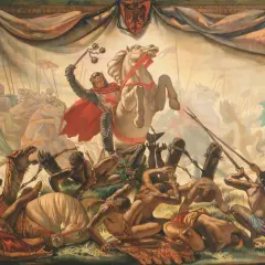 Cabalgata victoriosa de Sancho VI de Navarra, con su ejército arrollando enemigos y bestias.