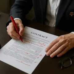Prawnik w garniturze pisze czerwonym długopisem po dokumencie "CONTRACT". Obok młotek sędziowski i okulary.