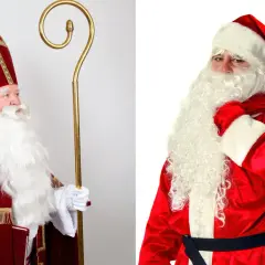 Links: Nikolaus mit Mitra und Stab, rechts Weihnachtsmann mit Sack. Die Darstellung zeigt den Ursprung des Nikolaus.